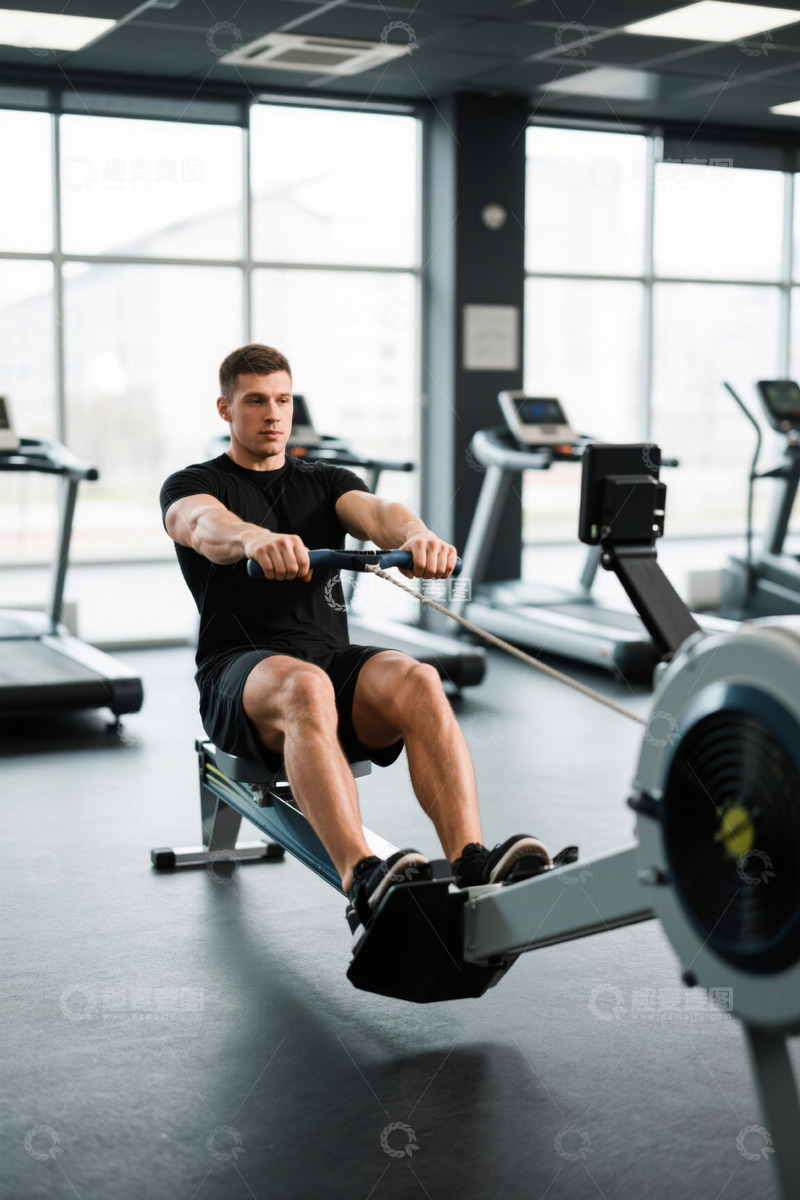 高清大图下载【趣麦麦图】男性健身房使用划船机健身