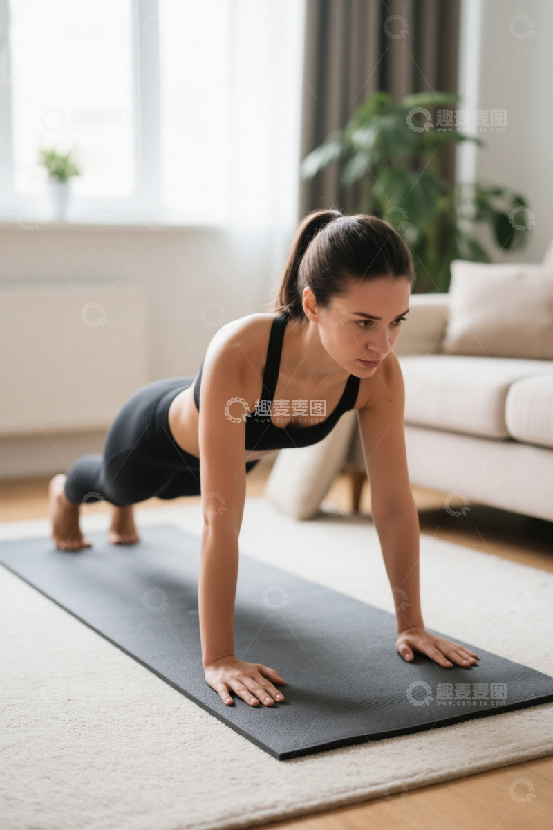 高清大图下载【趣麦麦图】女性居家做俯卧撑健身场景