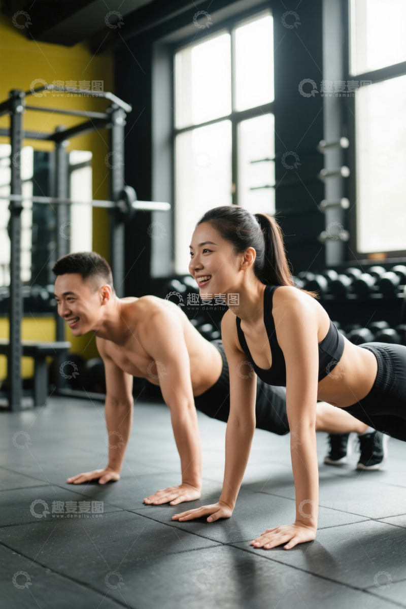 高清大图下载【趣麦麦图】健身房男女做俯卧撑健身画面