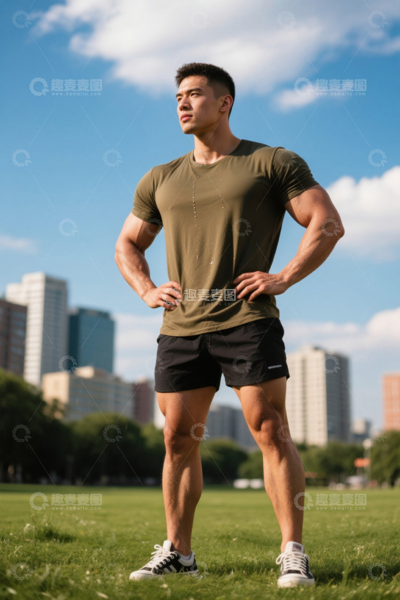 高清大图下载【趣麦麦图】户外草坪上健身男子摆姿