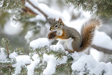 冬季松树枝上的可爱小松鼠