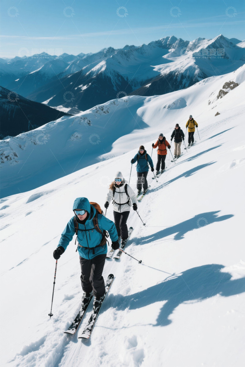 高清大图下载【趣麦麦图】雪山滑雪者组队行进