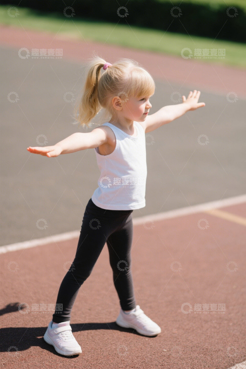 高清大图下载【趣麦麦图】户外小女孩在跑道伸展双臂