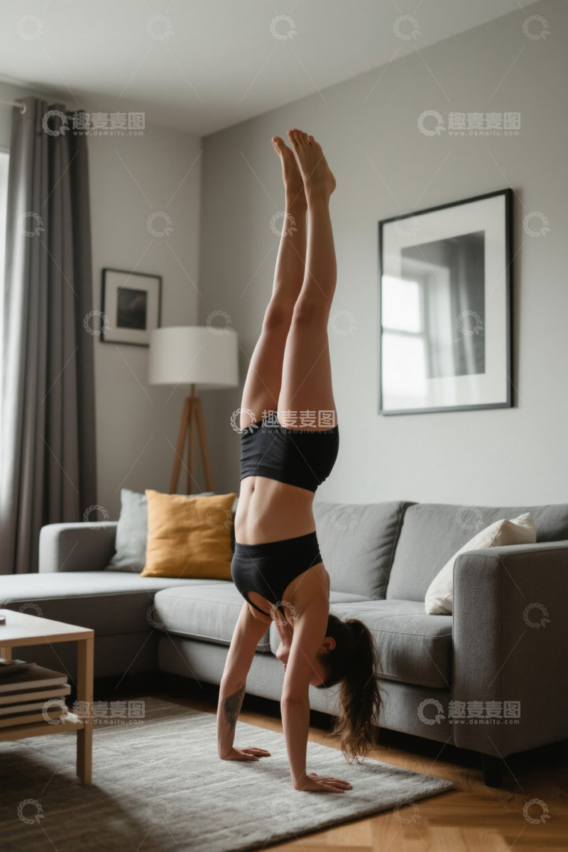 高清大图下载【趣麦麦图】女子家中倒立做运动