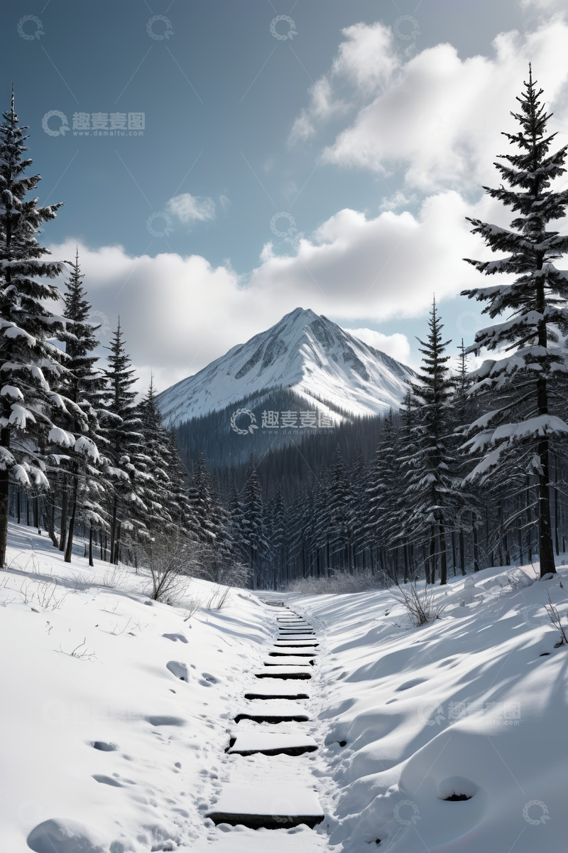 高清大图下载【趣麦麦图】雪山下的雪林石板路风景