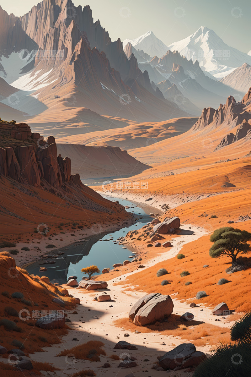 高清大图下载【趣麦麦图】沙漠河谷雪山自然风光