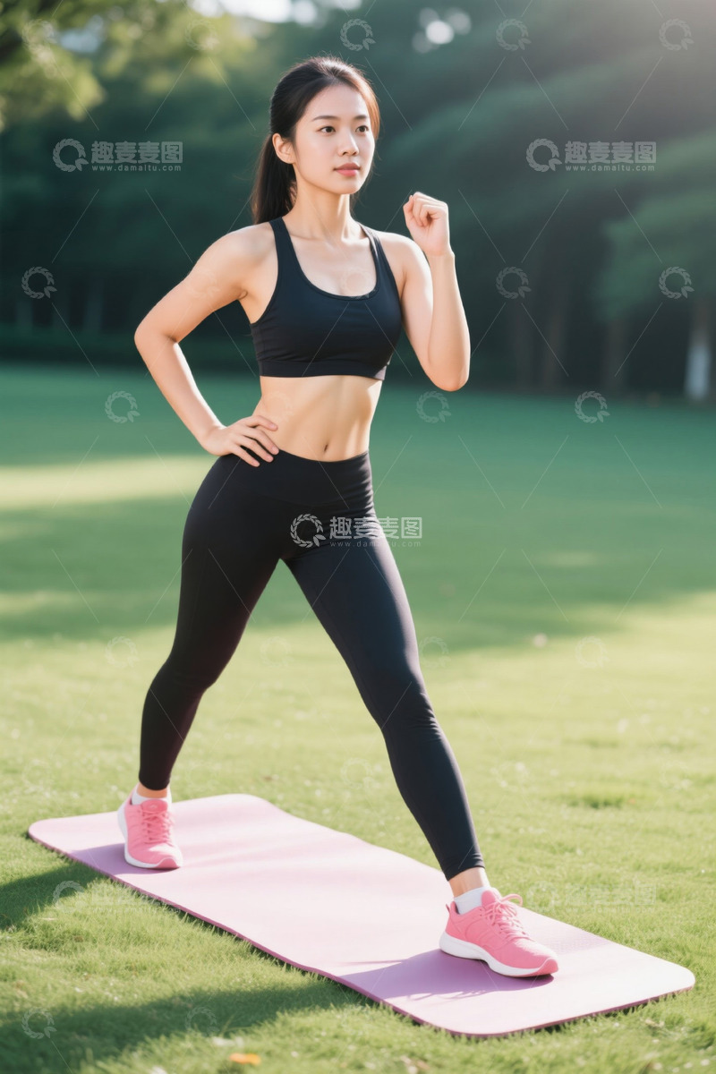 高清大图下载【趣麦麦图】户外草地女性做运动