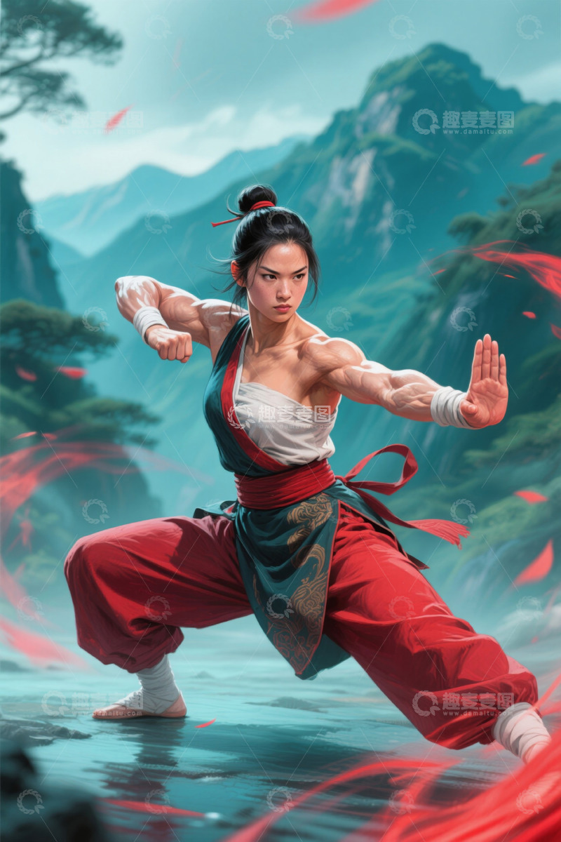 高清大图下载【趣麦麦图】练武术的东方女子山水间姿态
