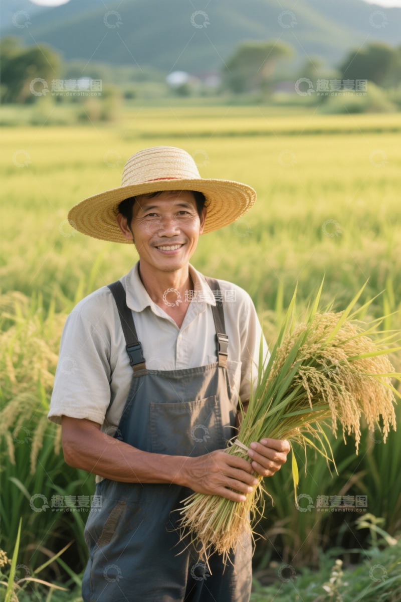 高清大图下载【趣麦麦图】农民手持稻谷站在稻田中