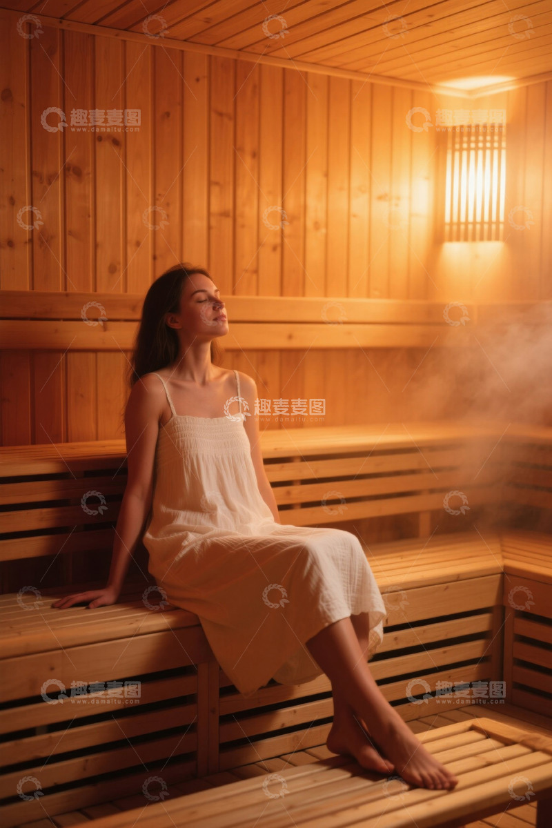 高清大图下载【趣麦麦图】女子在桑拿房内放松休憩