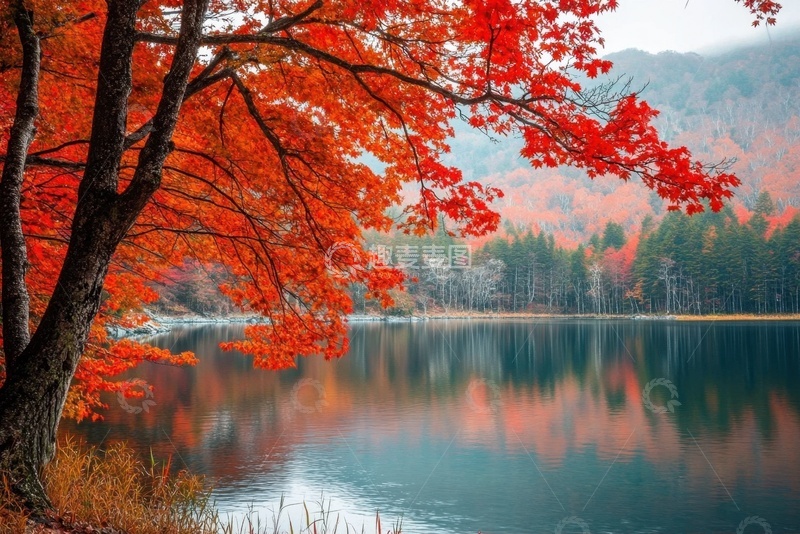 高清大图下载【趣麦麦图】-秋季湖泊和红色的枫树