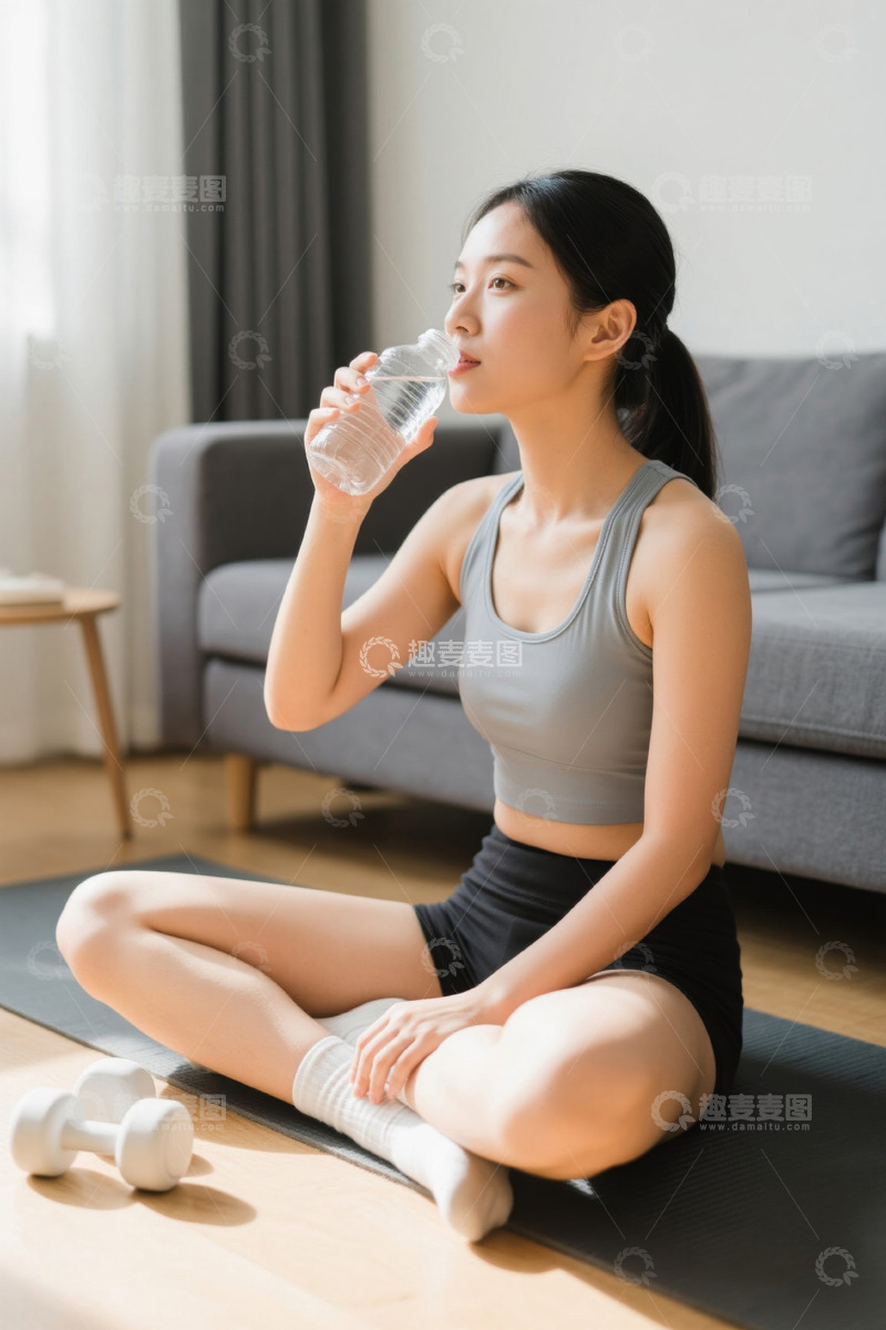 高清大图下载【趣麦麦图】居家运动女性休息喝水场景