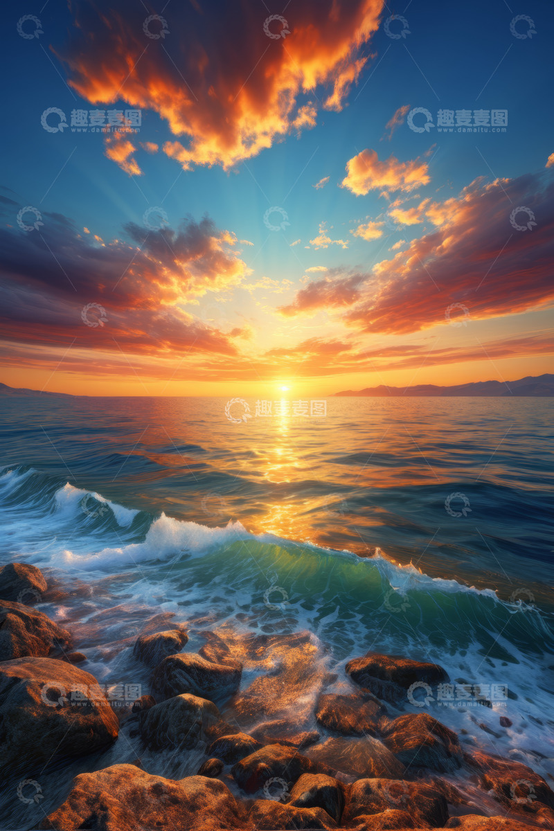 高清大图下载【趣麦麦图】海边日落时分海浪拍打岩石