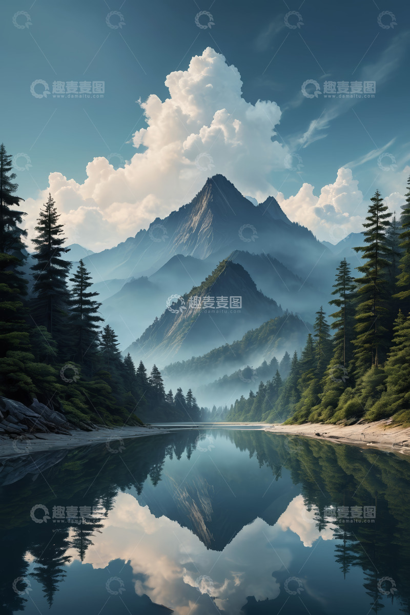 高清大图下载【趣麦麦图】山林湖泊与蓝天白云风景