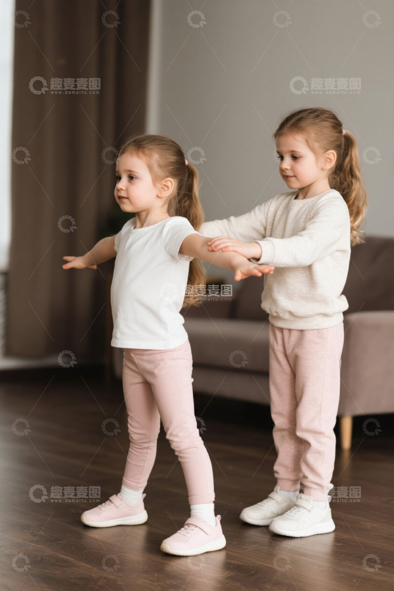 高清大图下载【趣麦麦图】室内两小女孩伸展互动画面