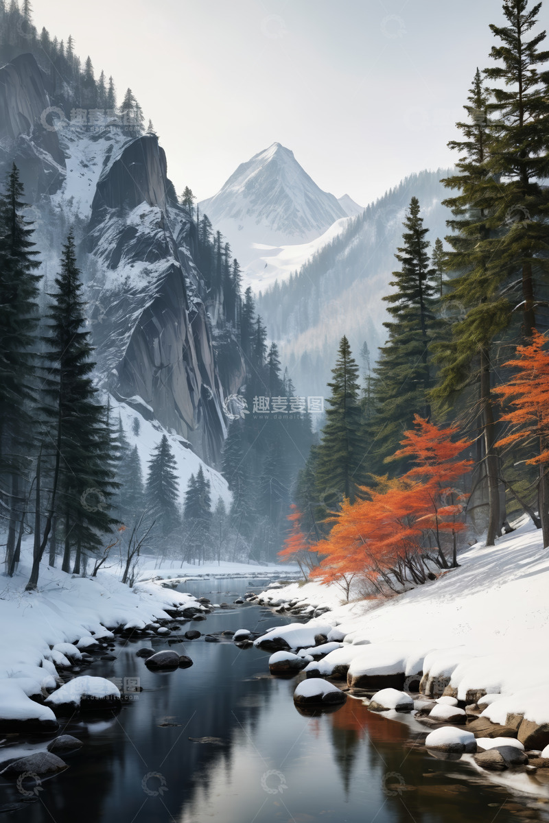 高清大图下载【趣麦麦图】雪山森林间的溪流雪景