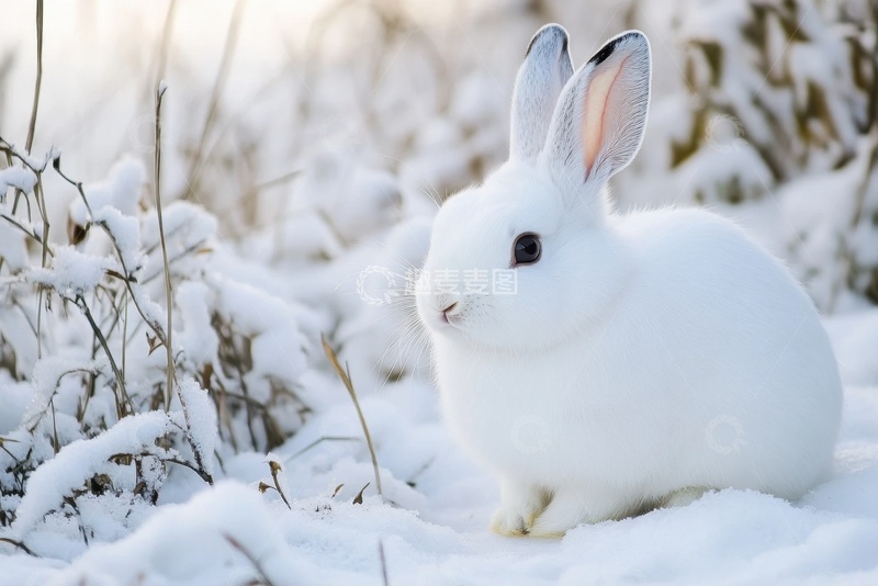 高清大图下载【趣麦麦图】冬季雪地里的白色兔子