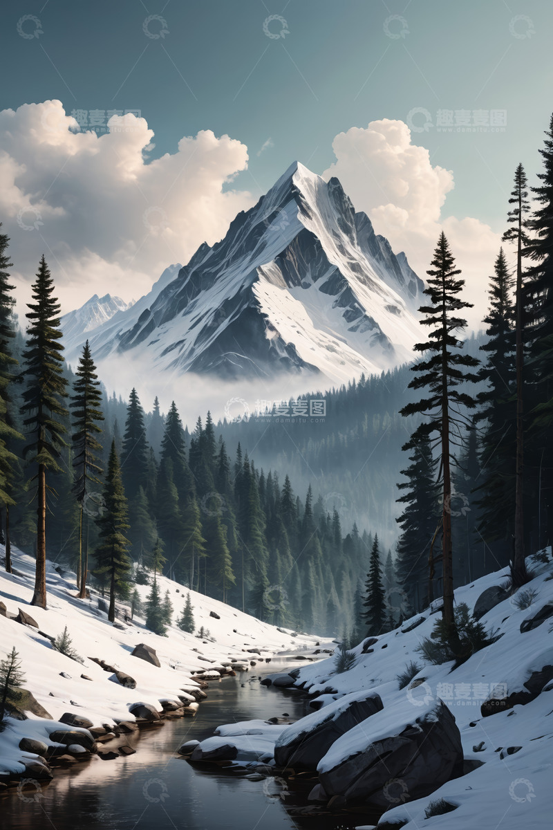 高清大图下载【趣麦麦图】雪山下的森林与溪流景象