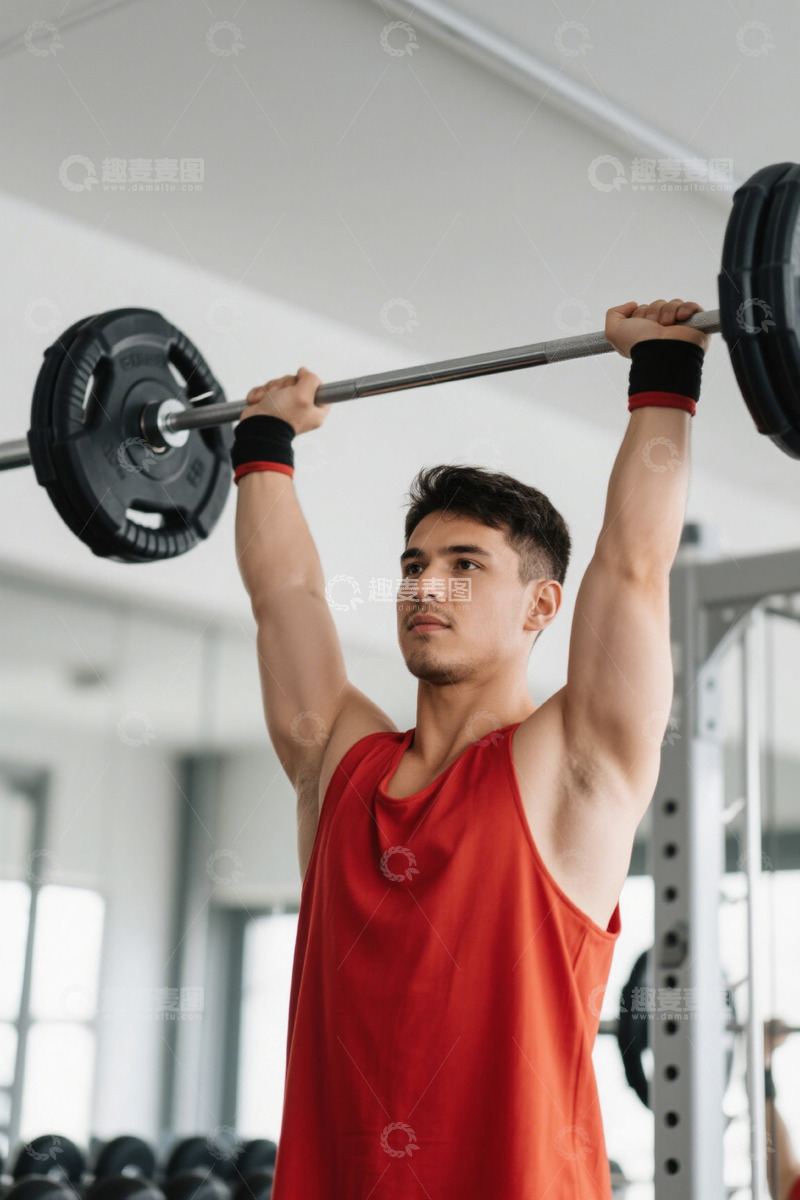 高清大图下载【趣麦麦图】男子健身房举杠铃健身画面