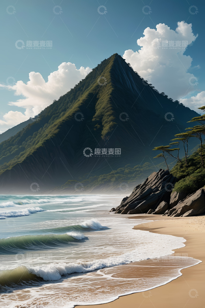 高清大图下载【趣麦麦图】海边沙滩与远处青山景观