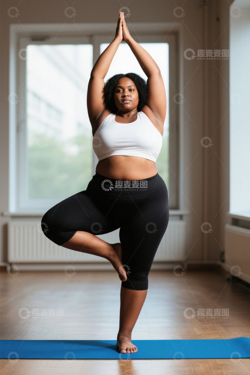高清大图下载【趣麦麦图】非洲裔女性室内瑜伽练习