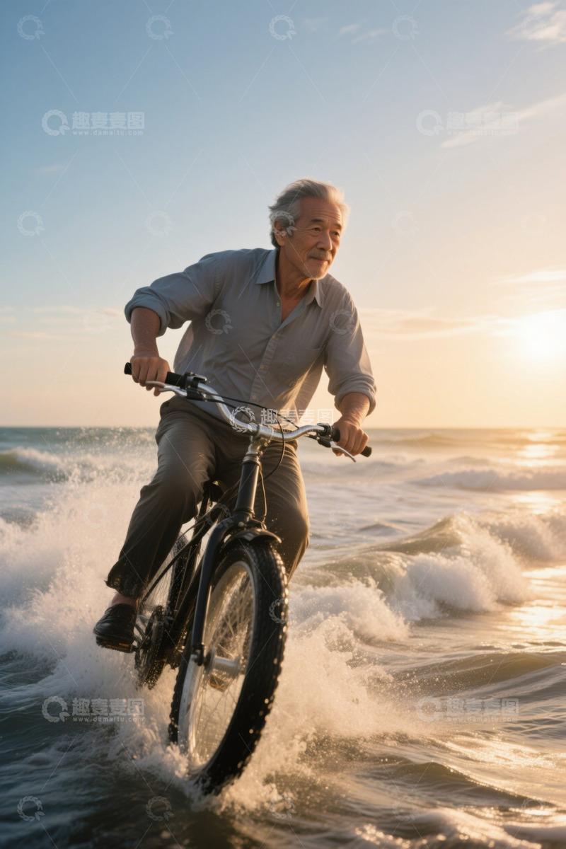 高清大图下载【趣麦麦图】老人海边骑自行车