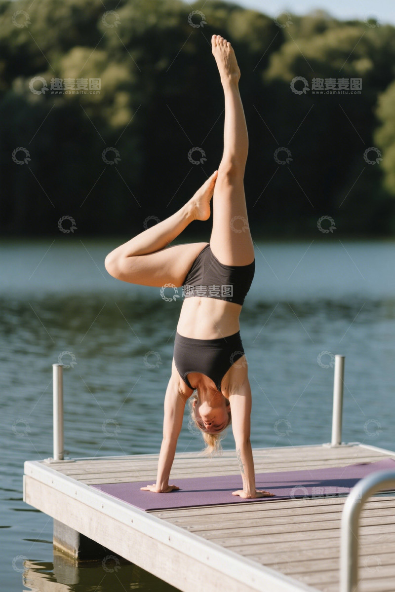 高清大图下载【趣麦麦图】女子湖边码头做瑜伽