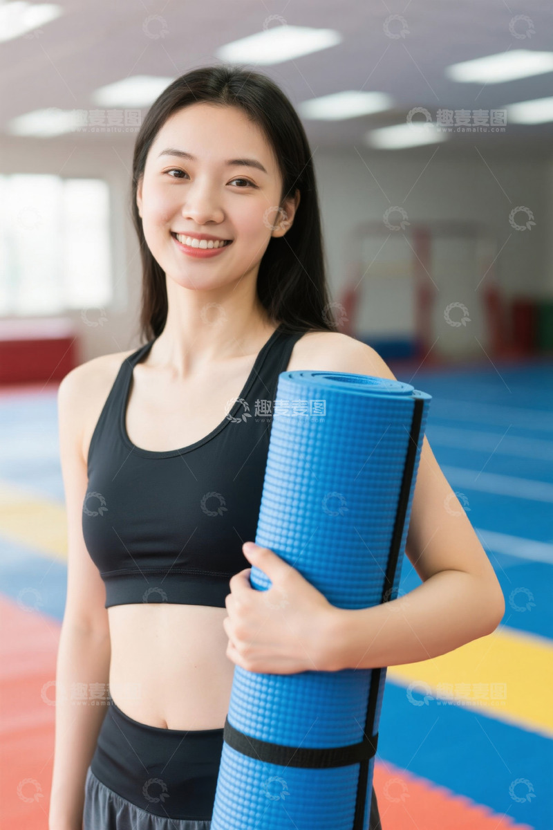高清大图下载【趣麦麦图】手持瑜伽垫的健身女性