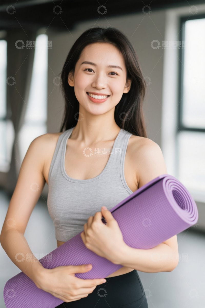 高清大图下载【趣麦麦图】手持瑜伽垫的健身女性