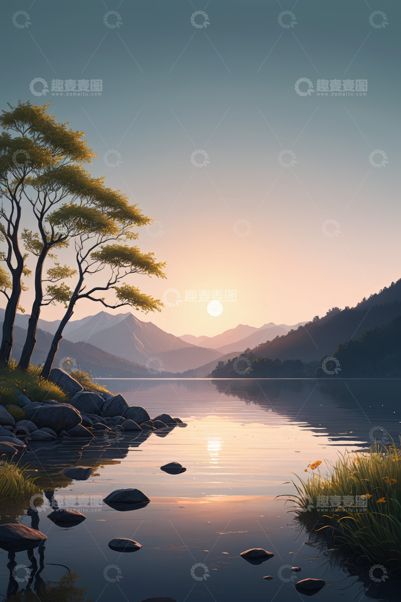 高清大图下载【趣麦麦图】湖畔日落自然风光