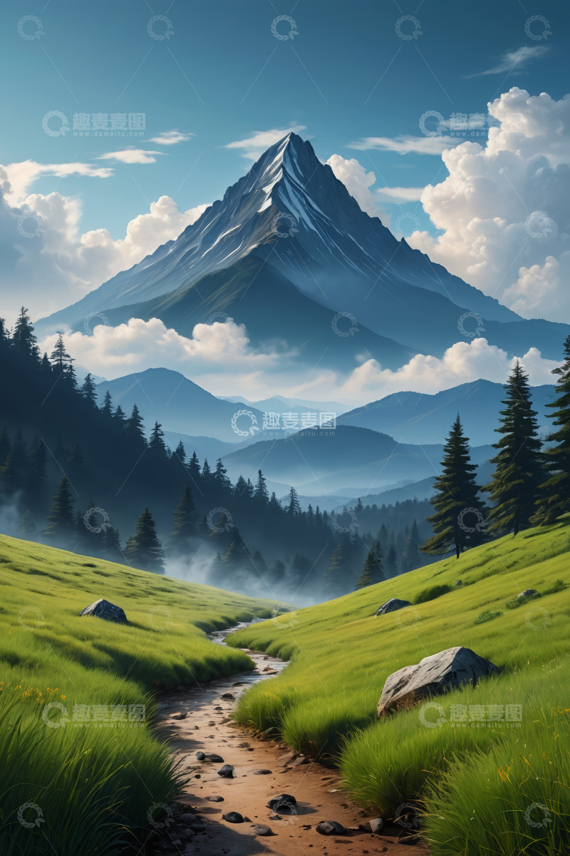 高清大图下载【趣麦麦图】山间草地小径与远处山峰景观