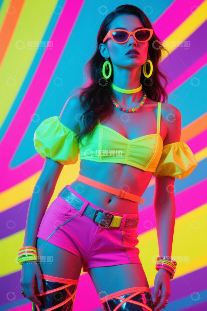 高清大图下载【趣麦麦图】时尚女性身着荧光服饰造型
