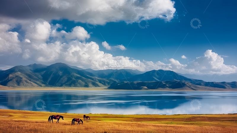 高清大图下载【趣麦麦图】湖光山色马儿闲