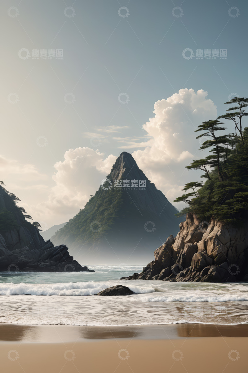 高清大图下载【趣麦麦图】海边沙滩与远山风景
