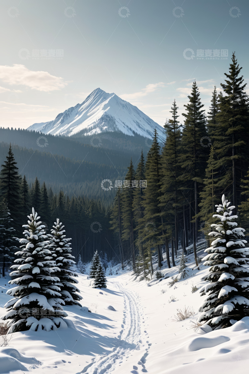 高清大图下载【趣麦麦图】雪覆山林与远处雪山风景