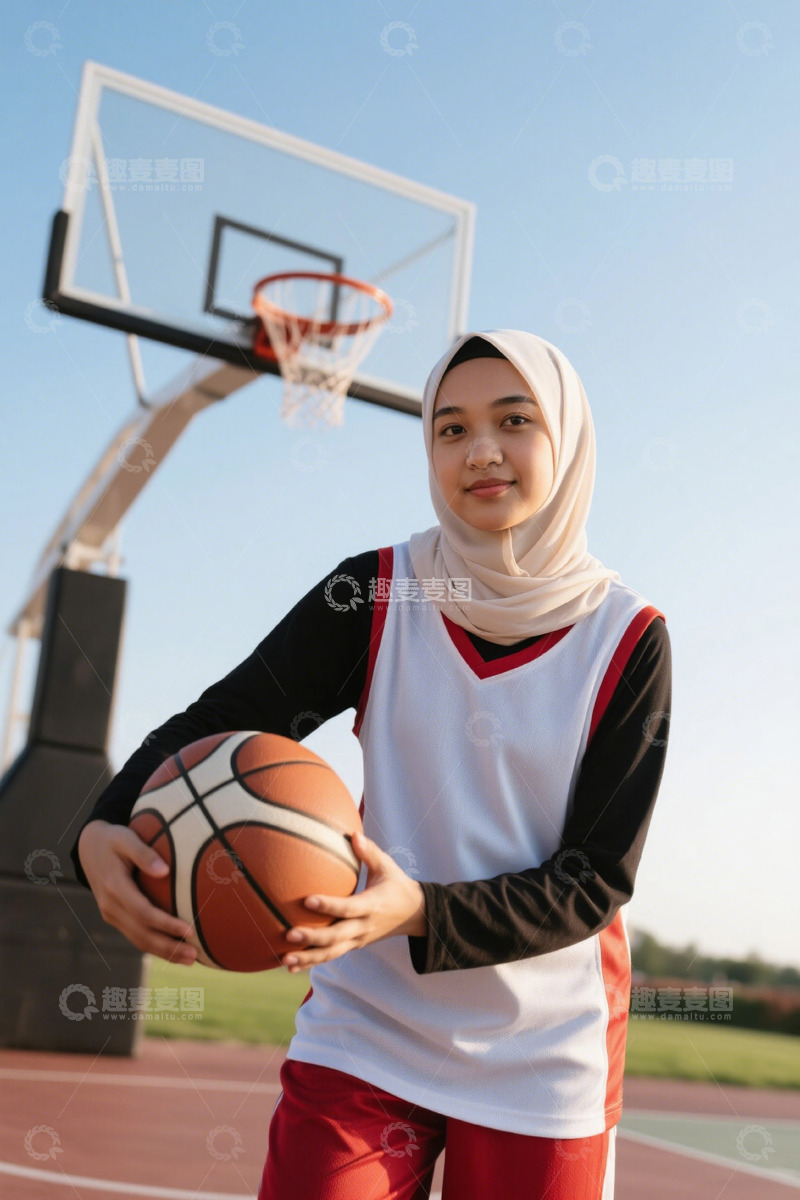 高清大图下载【趣麦麦图】戴头巾女子手持篮球站篮球场