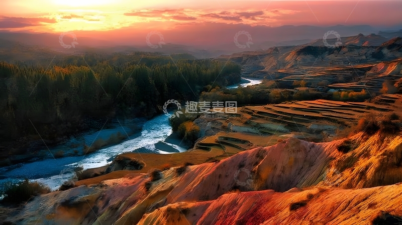 高清大图下载【趣麦麦图】夕阳山谷梯田美景摄影