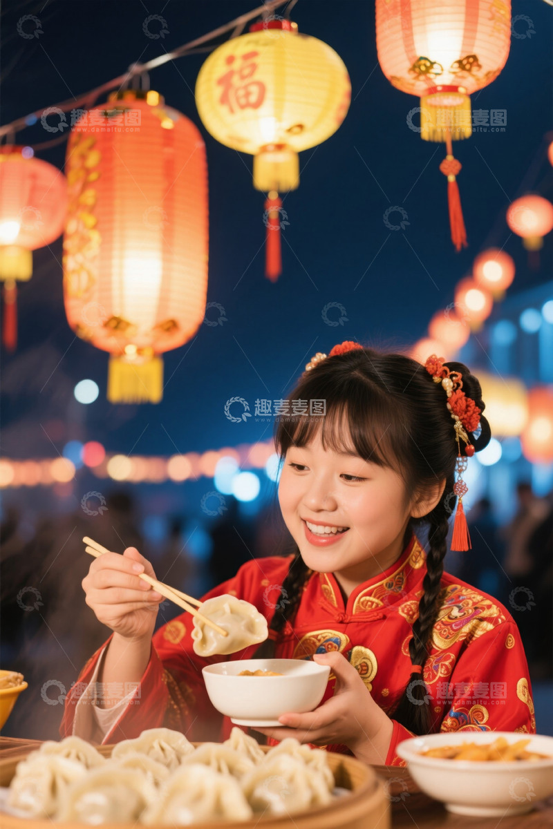 高清大图下载【趣麦麦图】女孩春节穿传统服饰吃饺子