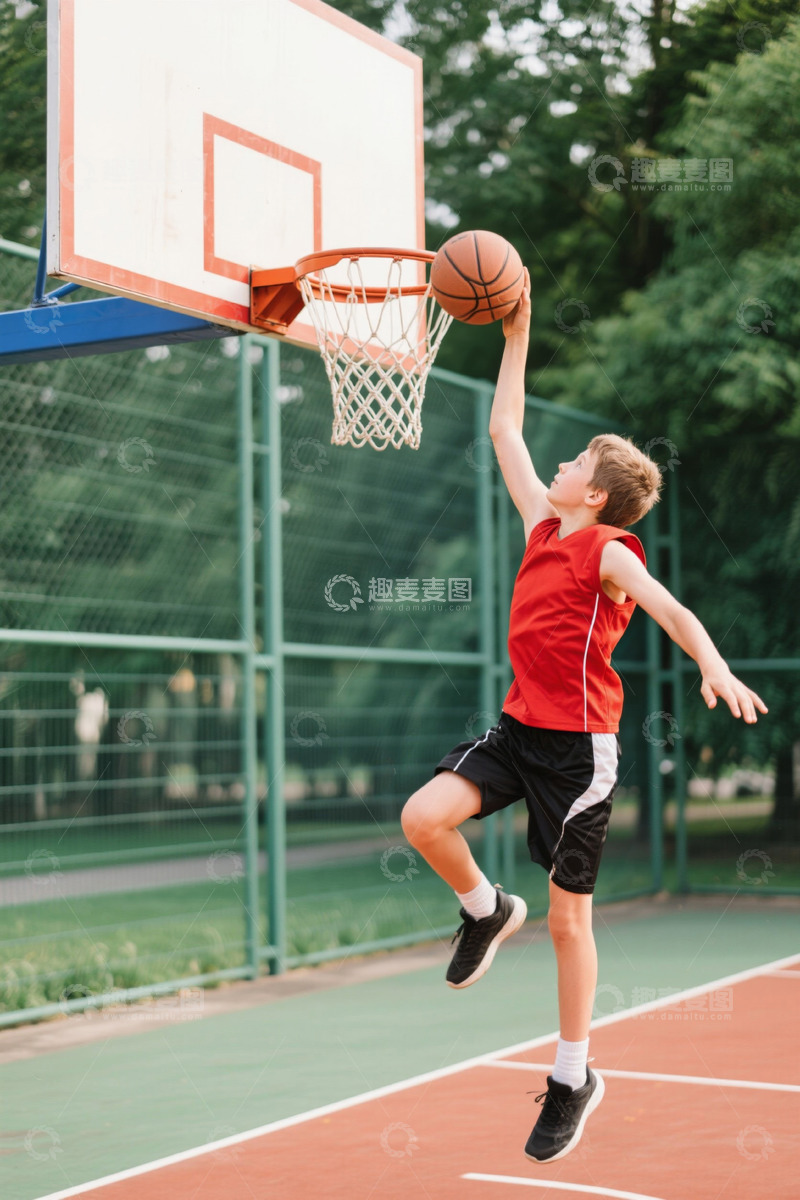 高清大图下载【趣麦麦图】少年户外篮球场扣篮瞬间