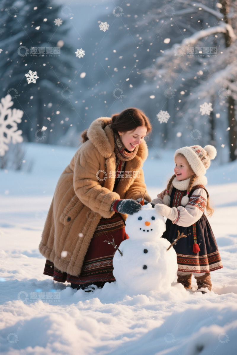 高清大图下载【趣麦麦图】母女雪地中一起堆雪人