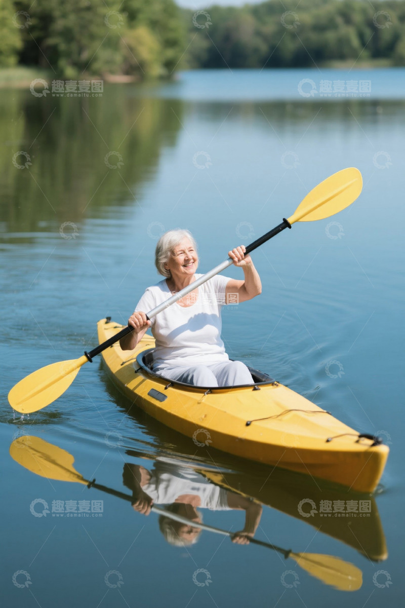 高清大图下载【趣麦麦图】老年女性湖泊上皮划艇运动