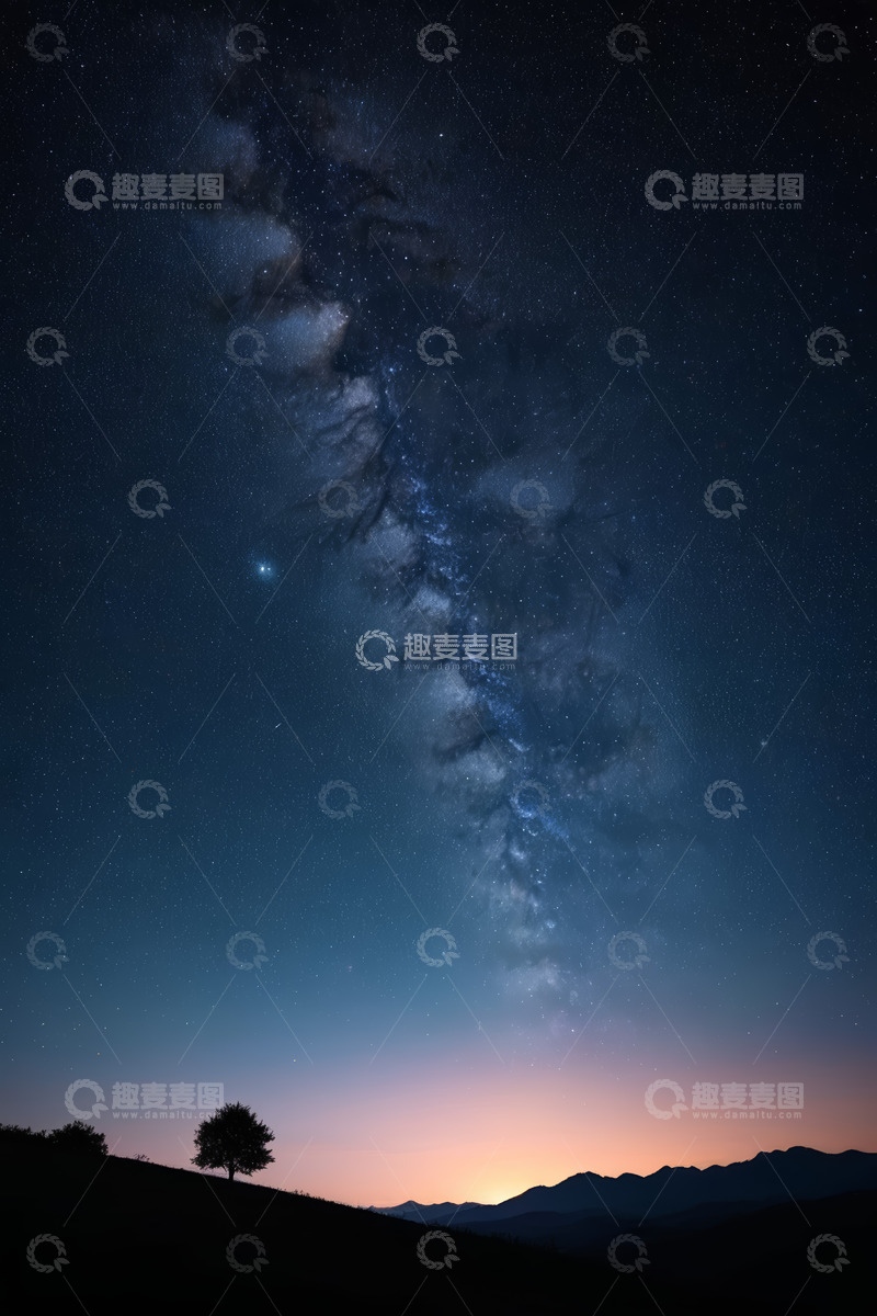 高清大图下载【趣麦麦图】夜空下山脉与树旁的璀璨星河