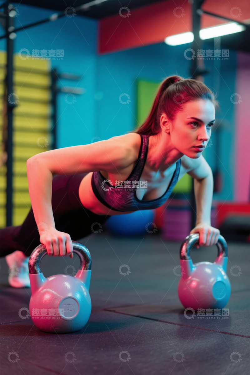 高清大图下载【趣麦麦图】健身房女人用壶铃做俯卧撑