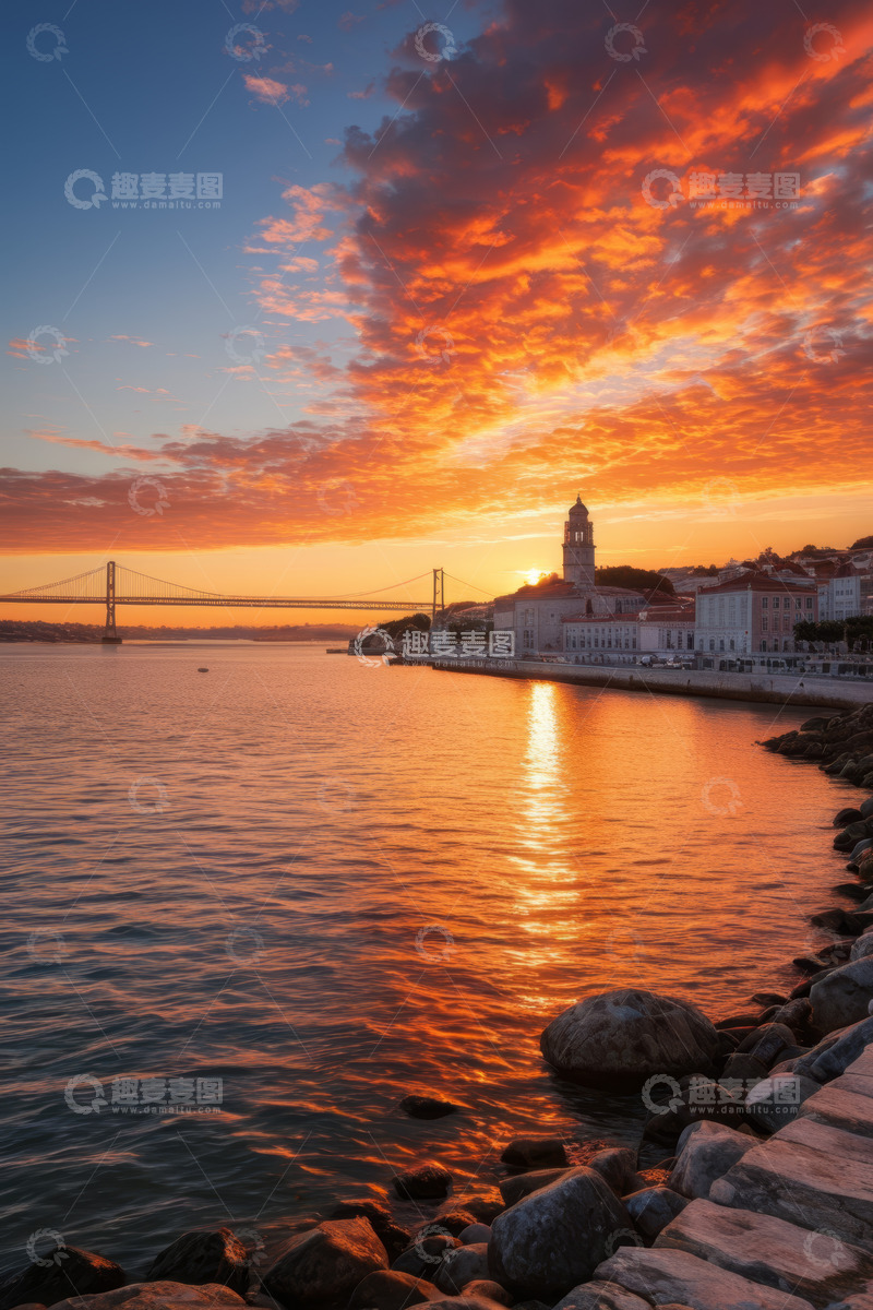 高清大图下载【趣麦麦图】里斯本河畔日落大桥景观