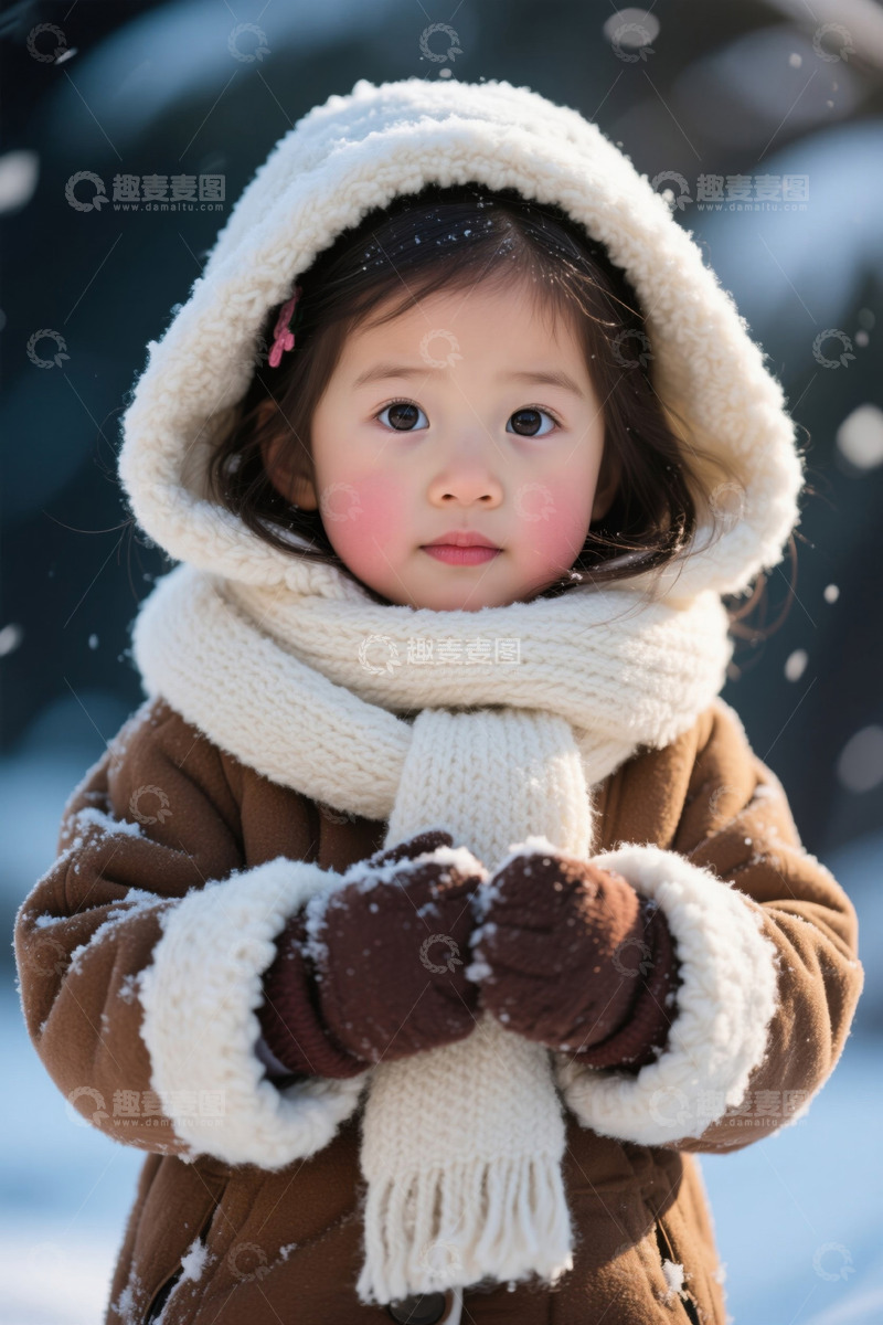 高清大图下载【趣麦麦图】雪中穿着厚装的小女孩