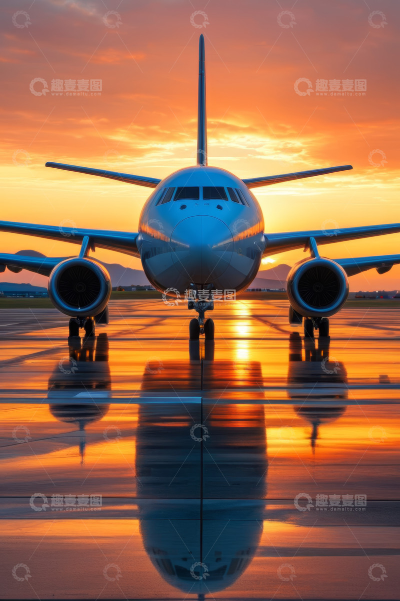 高清大图下载【趣麦麦图】-夕阳下机场跑道上的飞机