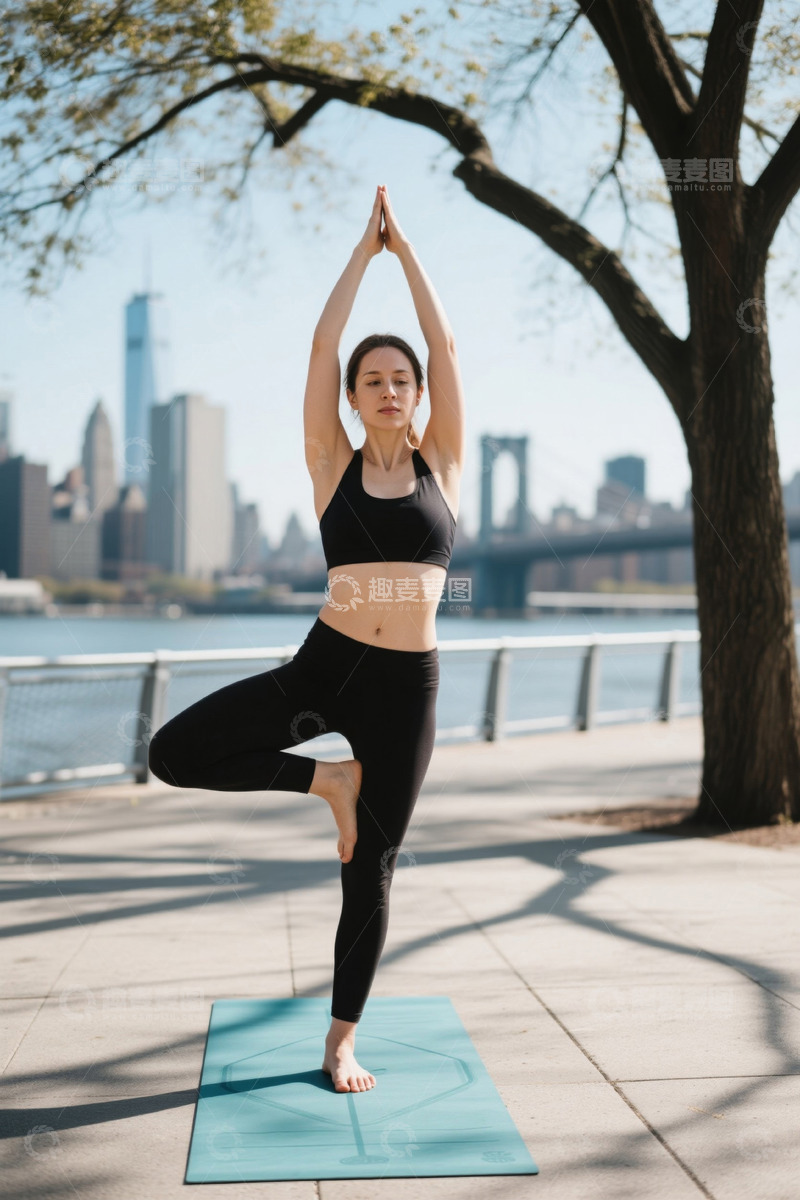 高清大图下载【趣麦麦图】户外女子做瑜伽伸展动作