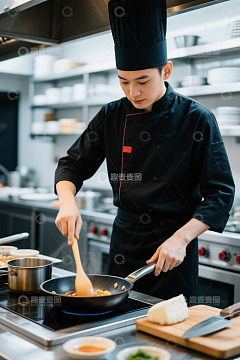 厨师在厨房烹饪美食