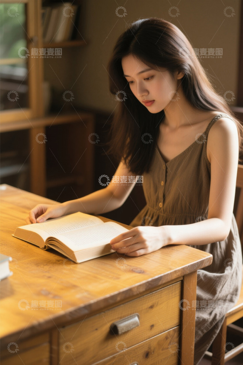高清大图下载【趣麦麦图】女子桌边安静阅读书籍