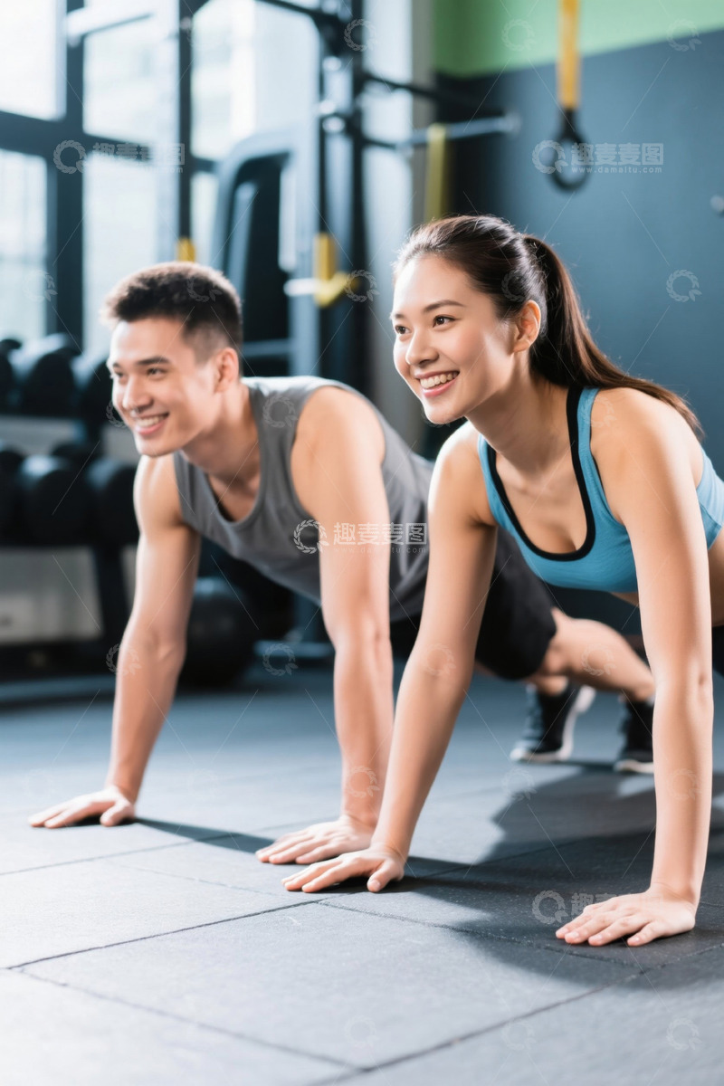 高清大图下载【趣麦麦图】男女健身房做俯卧撑健身画面